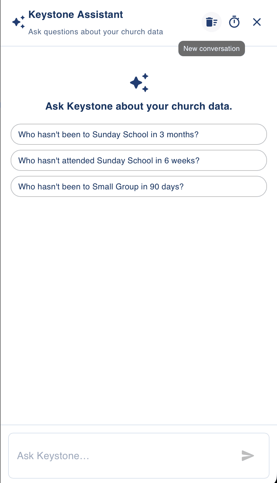 Keystone Assistant offering questions about church data